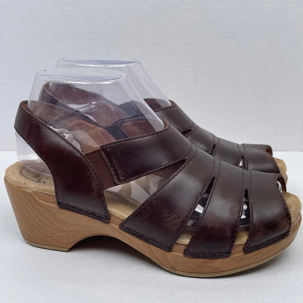 Dansko Fisherman Sandals Womens 38 Brown Leather Strappy Wedge Clog Peep Toe